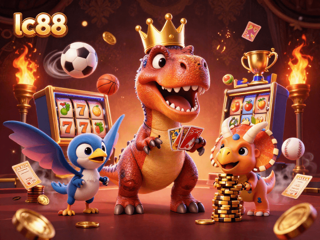 Experience thrills at lc88 with a lively 3D casino scene featuring colorful characters and winning elements.
