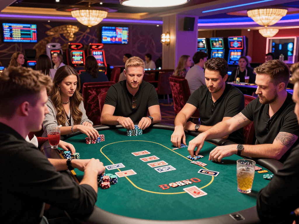KOMBET168 engaging poker scene in a vibrant casino with friends and colorful chips