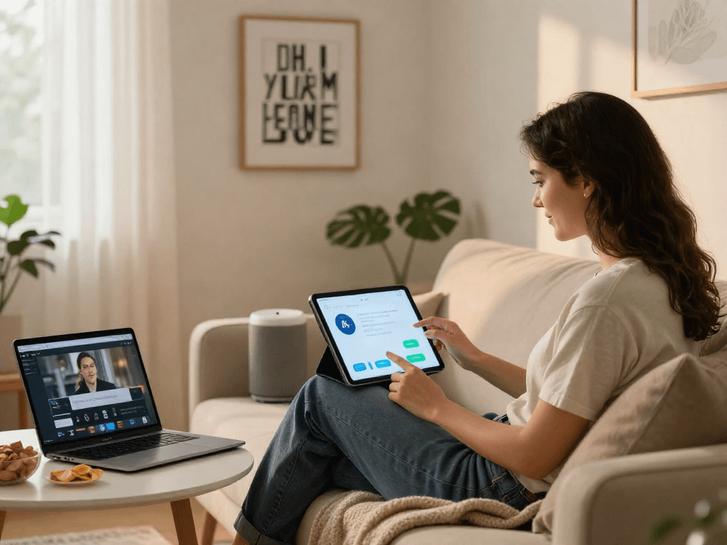 Engaging with an AI chat porn interface on a tablet in a cozy living room setting.