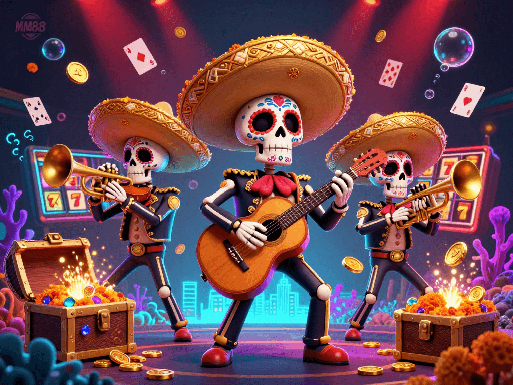 Experience thrilling gaming action at MM88 with a vibrant 3D rendition of a mariachi band enriching the casino atmosphere.