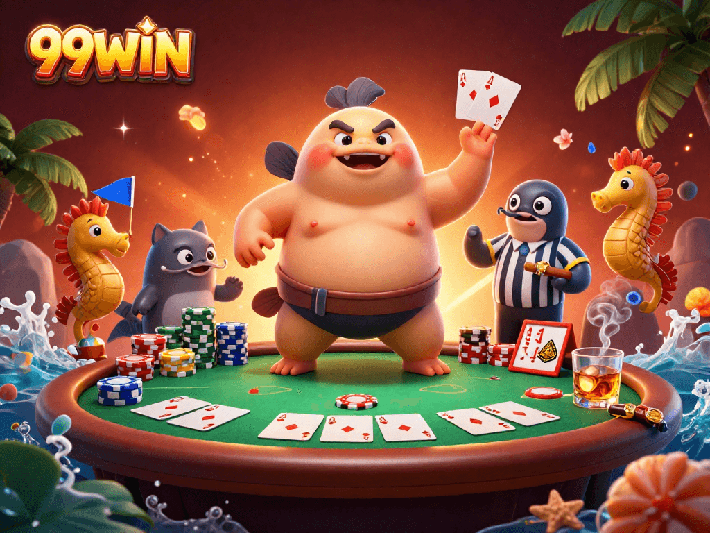 Engage with 99WIN’s thrilling poker scene featuring a fugu sumo in an underwater poker ring.