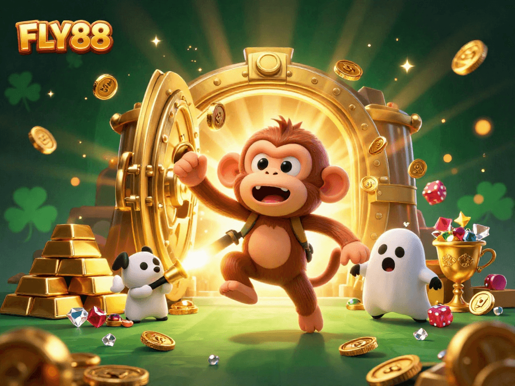 FLY88 showcases a playful poltergeist monkey juggling golden casino elements in a lively scene.