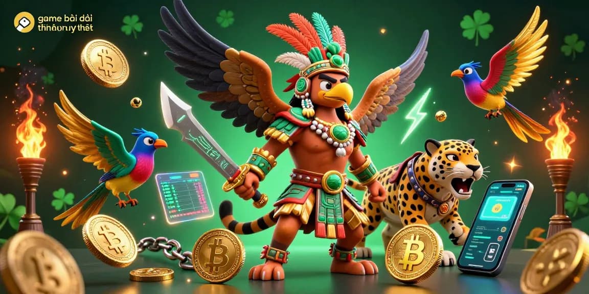 Experience game bài đổi thưởng uy tín with thrilling 3D visuals featuring Aztec warriors and crypto elements.