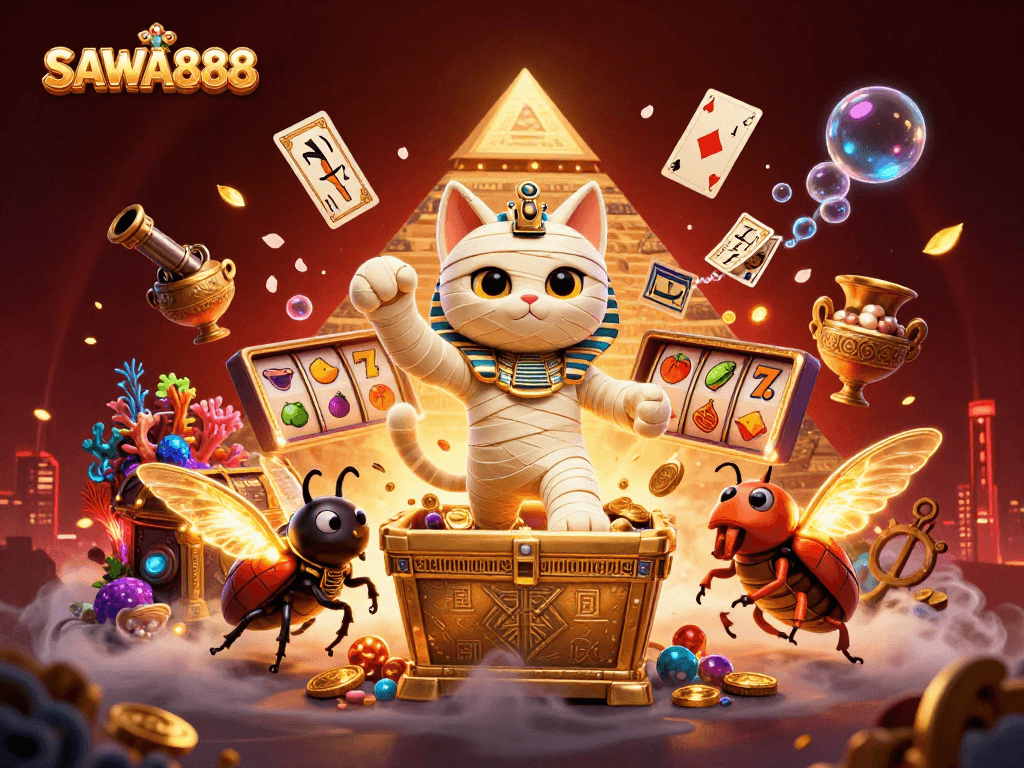SAWA888 invites players to experience the thrill of slots with a vibrant mummy-themed illustration.