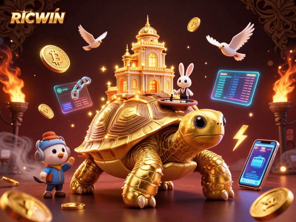 Win big with RICWIN at the golden tortoise casino palace featuring a rabbit dealer and flying coins.