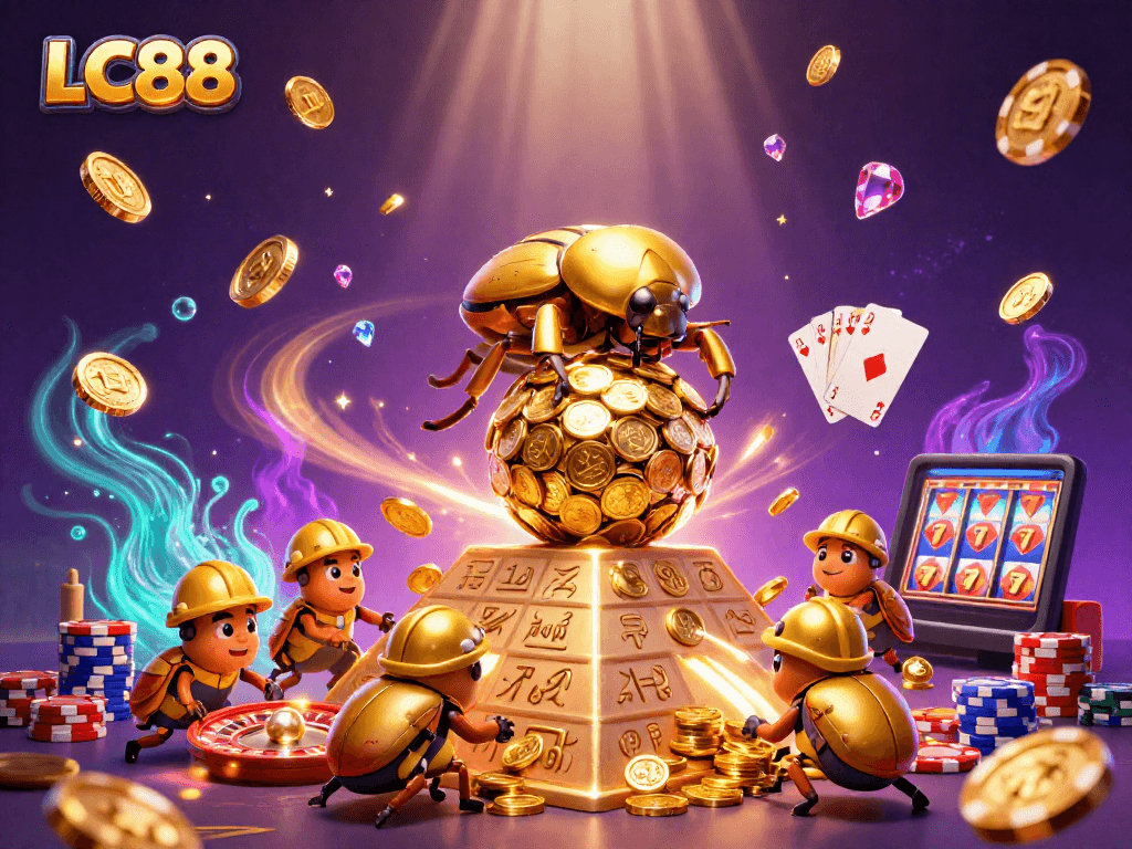 Experience the thrill at LC88 with golden beetles rolling coins and casino games in a vibrant illustration.