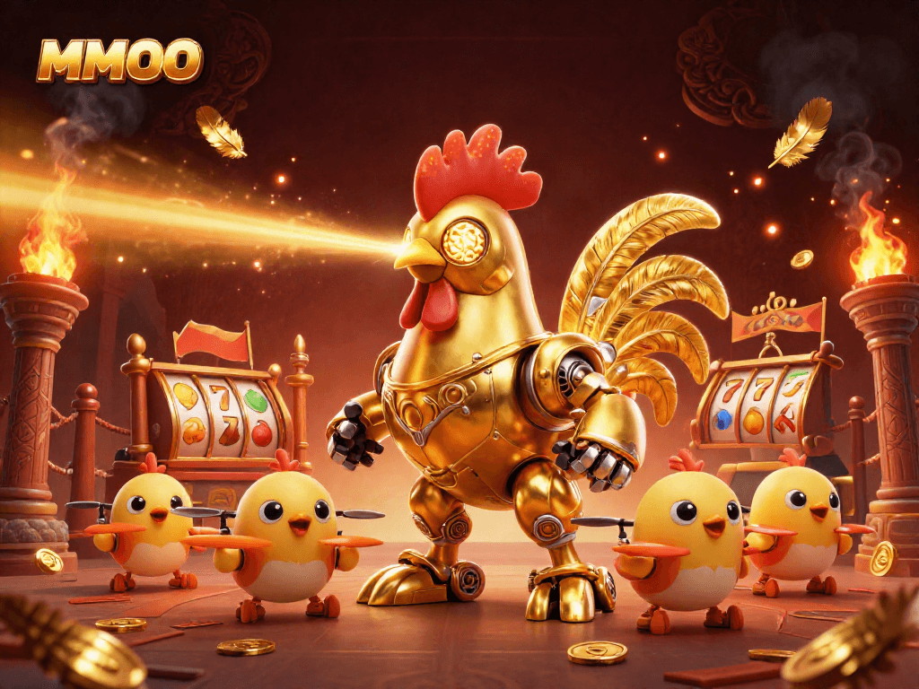 Engage with MMOO as the golden rooster robot battles in a vibrant slot scene.