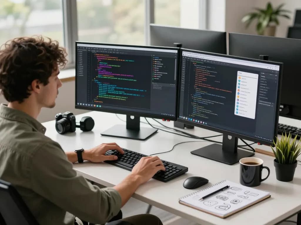 open claw AI developer coding in modern workspace with dual monitors