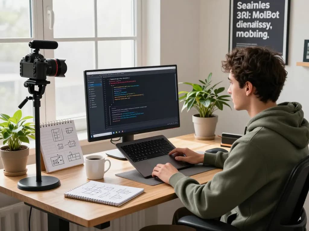 MoltBot Mac setup showcasing a developer coding with modern tools in a bright workspace.