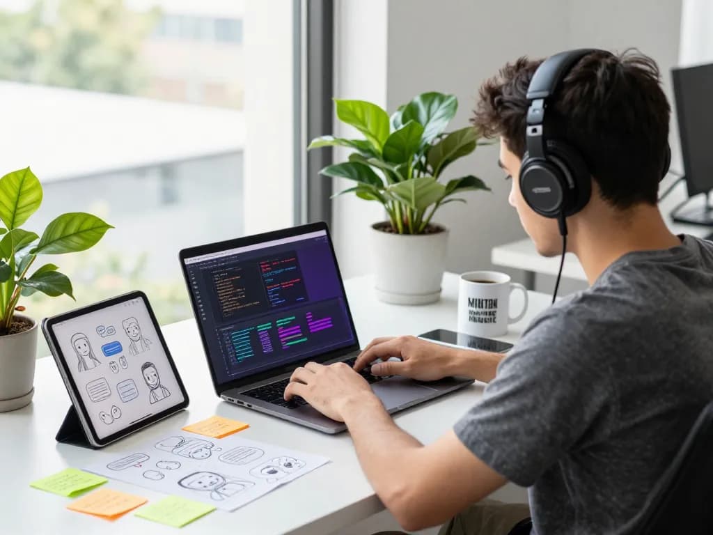 Young developer coding chatbot designs in a bright tech workspace, exploring spicy ai concepts.