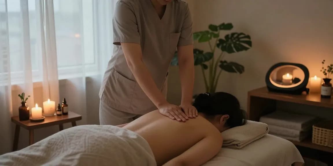 Relaxing 용산출장마사지 in a tranquil home setting with soothing atmosphere