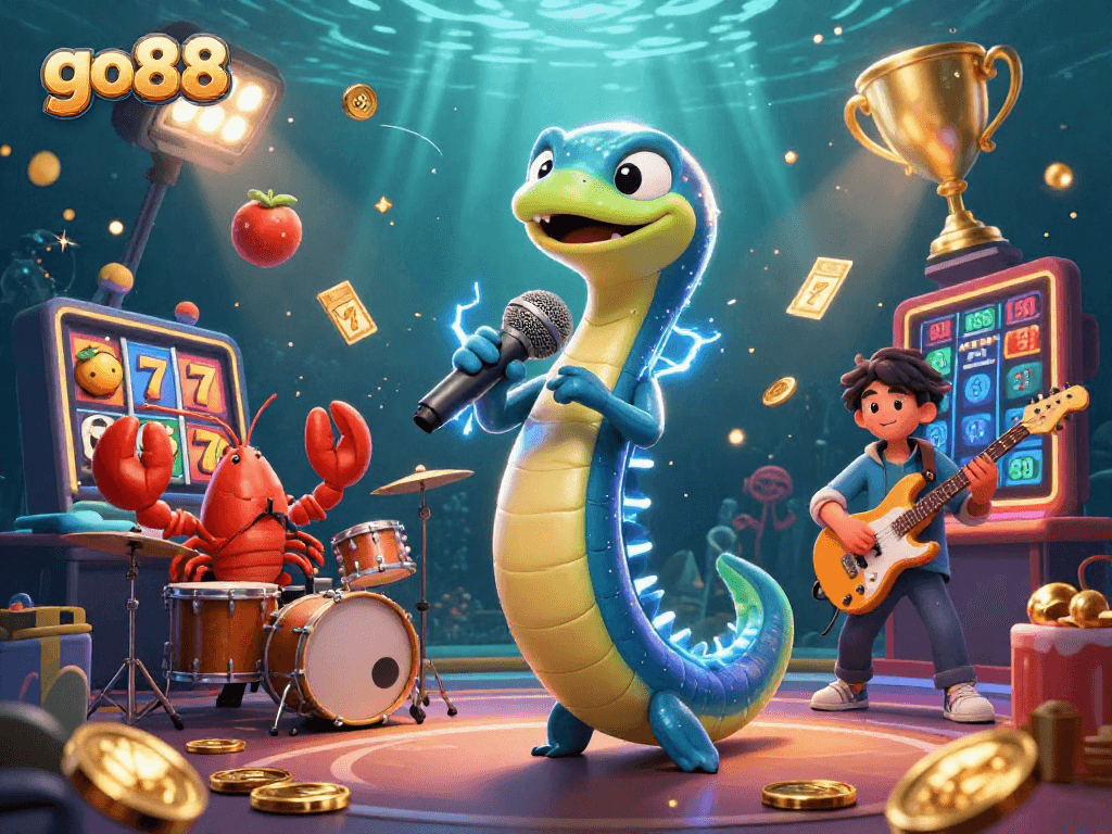 Spin the reels at go88 in this lively underwater casino scene featuring fun characters.