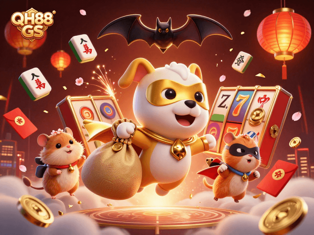 Experience thrilling moments with QH88 GS in this vibrant 3D casino illustration featuring lively characters.