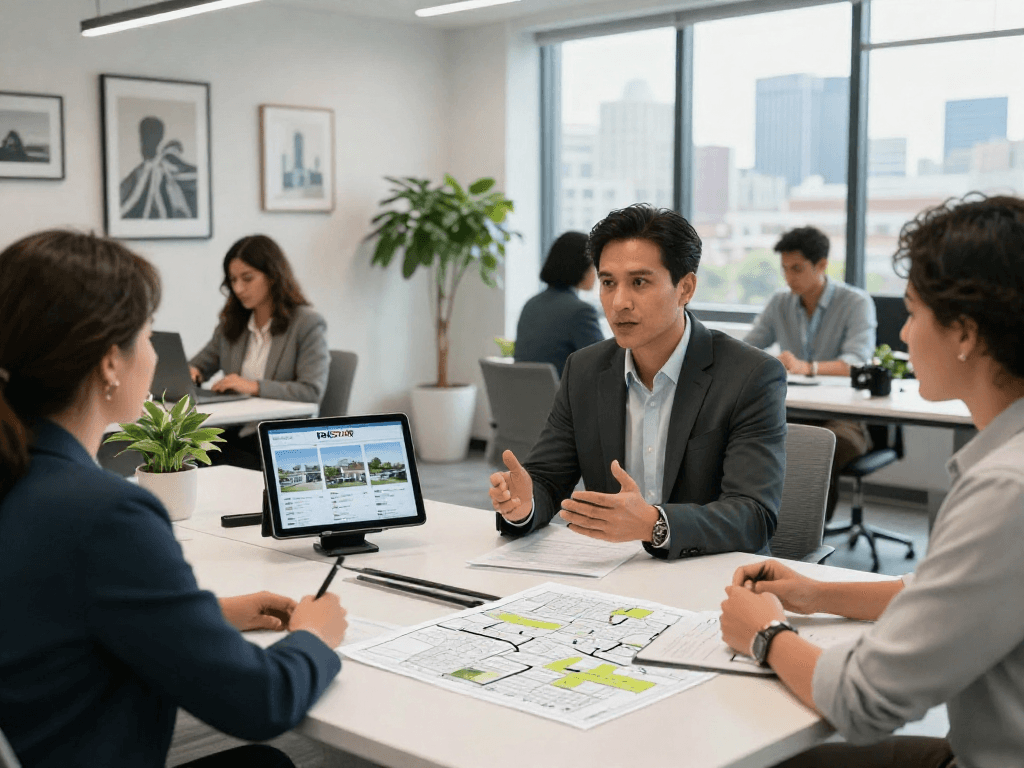 IDXSTAR real estate agent discussing listings in a modern office