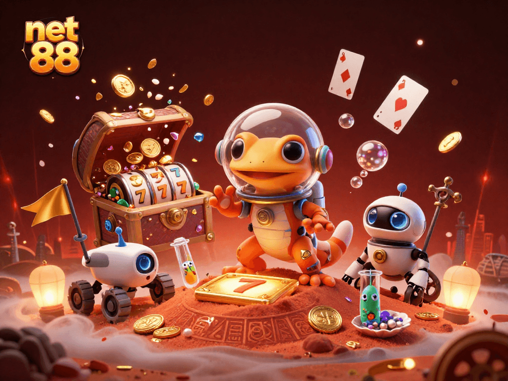 Experience the thrilling excitement of net 88 with 3D characters exploring a vibrant casino scene.