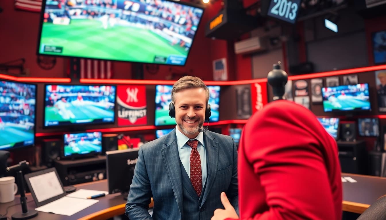 Engaging sports broadcasting studio with a host and live sports visuals.