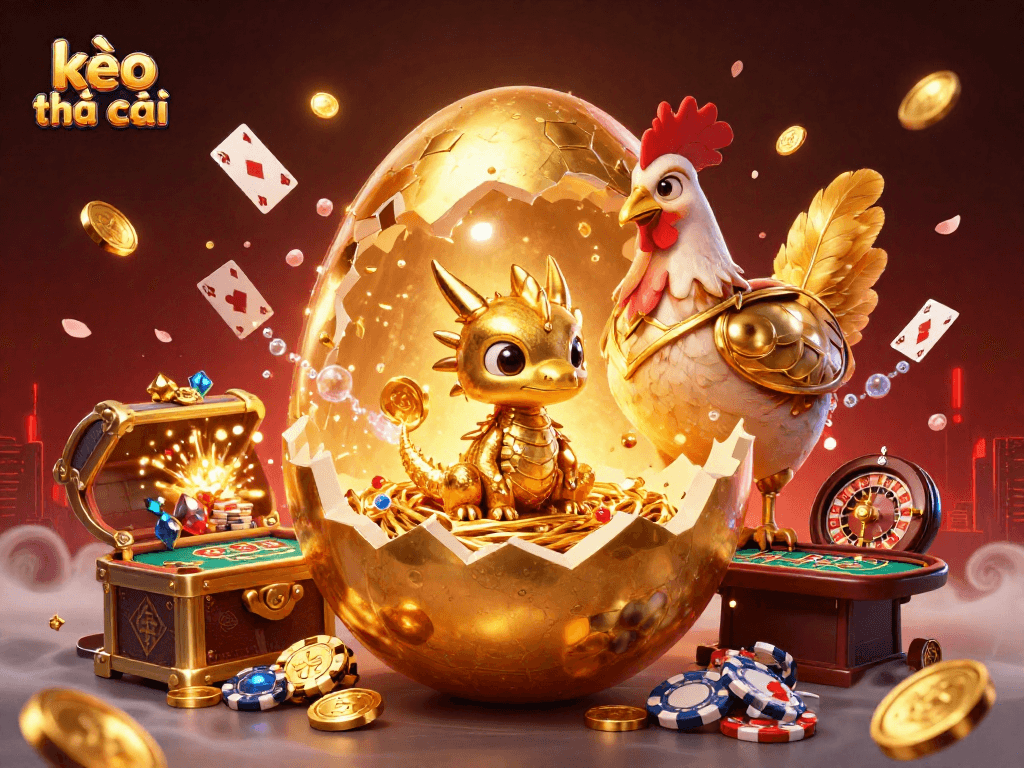 Engage with kèo nhà cái while enjoying a vibrant casino scene featuring gold treasures and dragons.