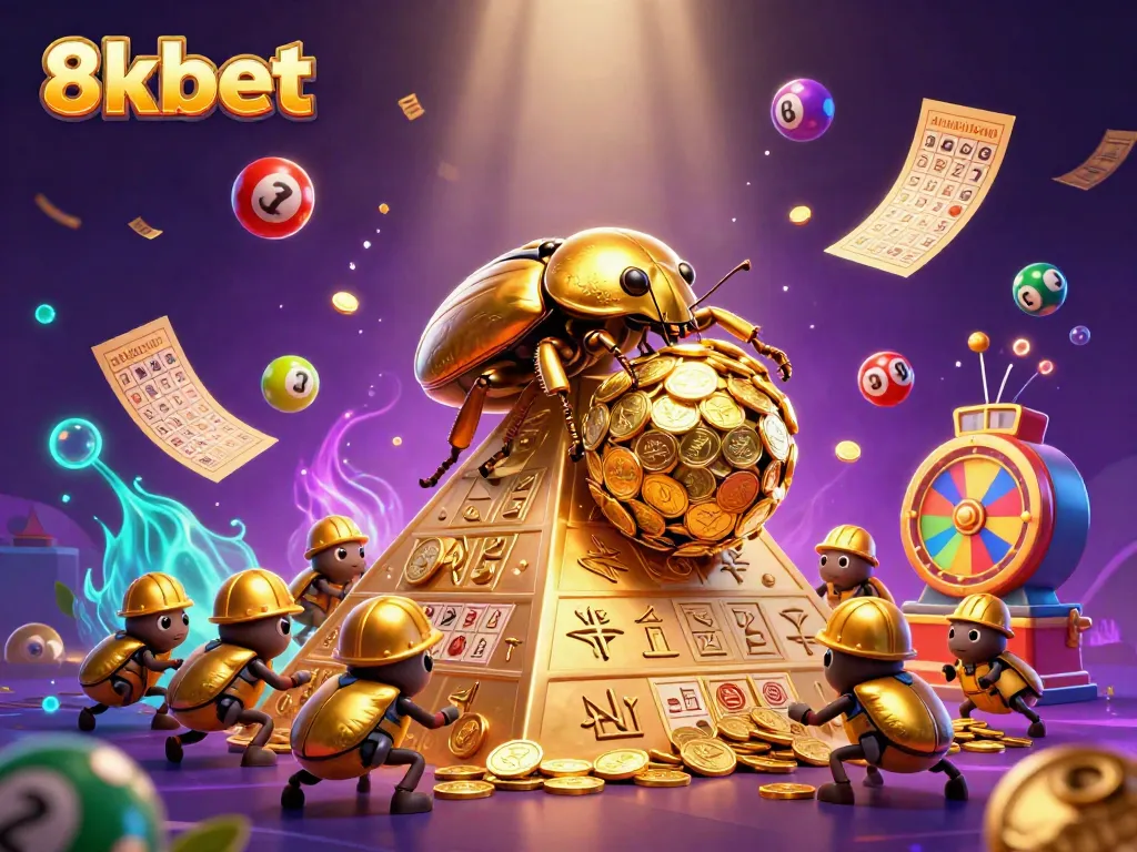 Experience the excitement of 8xbet with this dynamic illustration showcasing a golden beetle and lavish casino symbols.