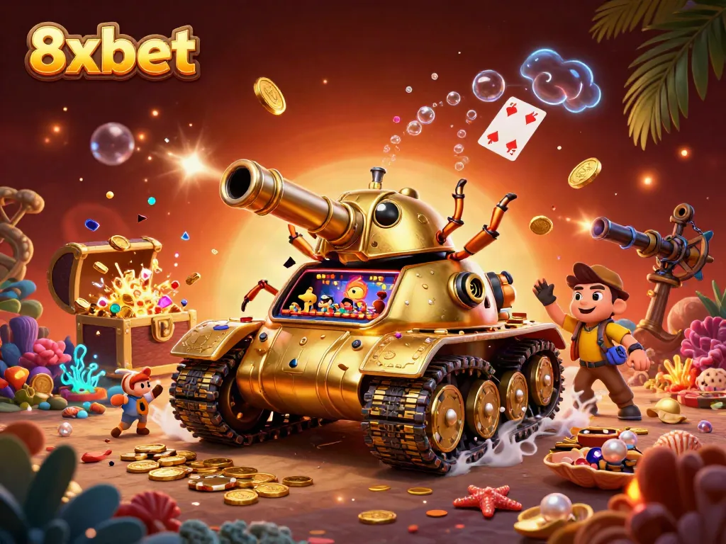 8xbet's vibrant casino adventure in a golden beetle tank, filled with gems and gaming excitement.
