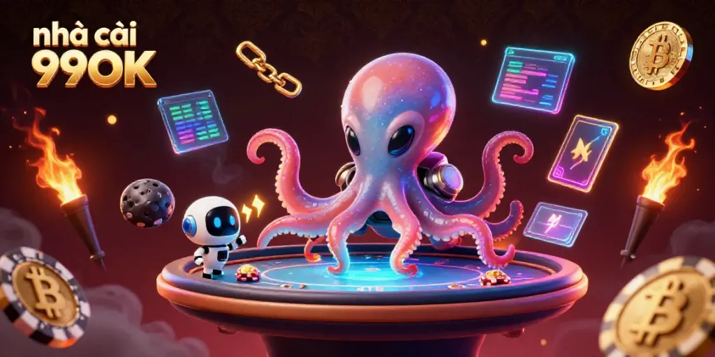 Engaging scene of nhà cái 99OK with alien octopus and crypto poker elements.