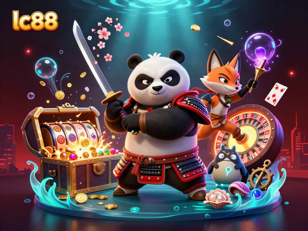 Experience thrilling action with lc88's dynamic samurai panda and casino-themed elements in this vibrant illustration.