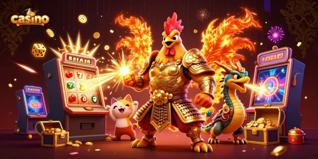 Experience an exciting casino scene with a cartoon rooster warrior and dragon, celebrating wins and jackpots.