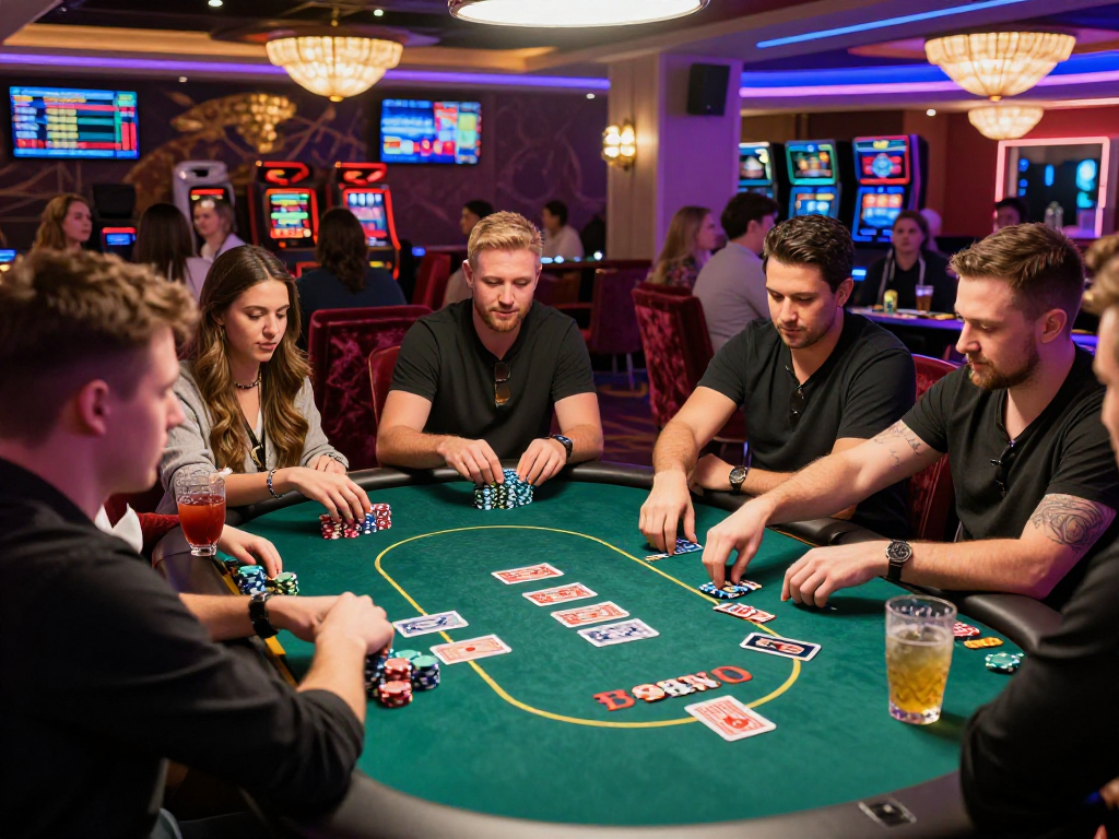 KOMBET168 engaging poker scene in a vibrant casino with friends and colorful chips