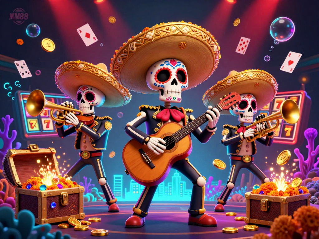 Experience thrilling gaming action at MM88 with a vibrant 3D rendition of a mariachi band enriching the casino atmosphere.