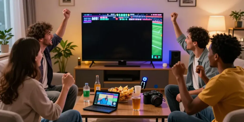 Celebrating a sports betting win on https://five88.boats/ in a lively living room setup with friends, snacks, and a large screen.