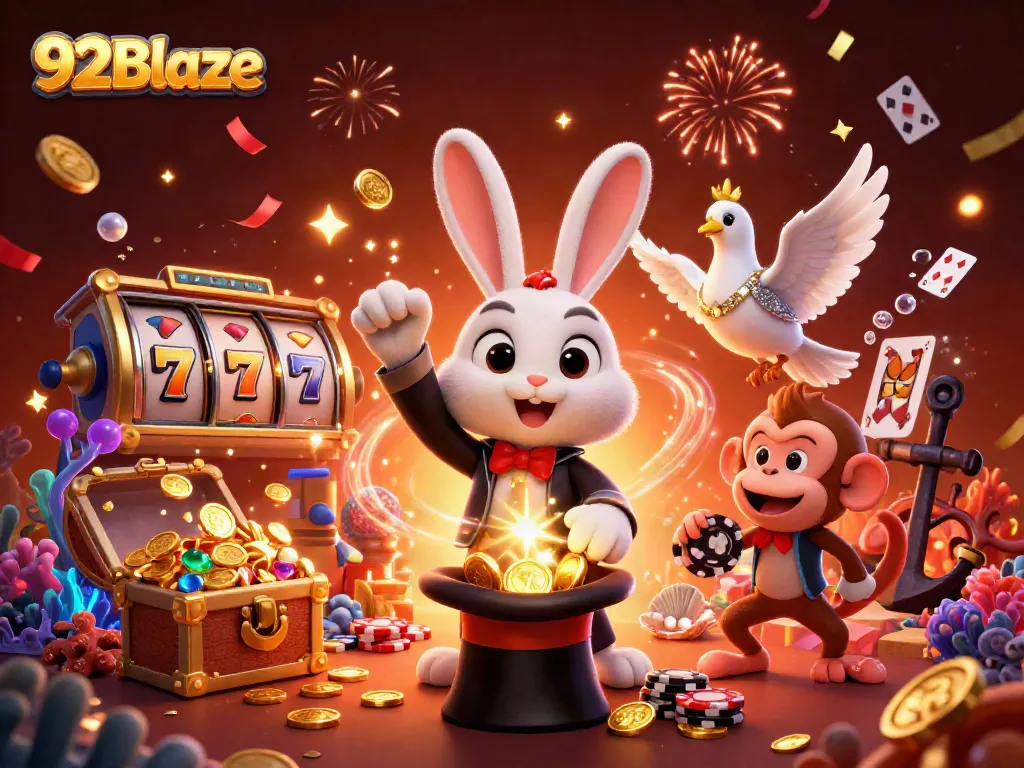 Experience the vibrant magic of 92Blaze with a whimsical rabbit, shimmering dove, and cheeky monkey amid a rich casino backdrop.