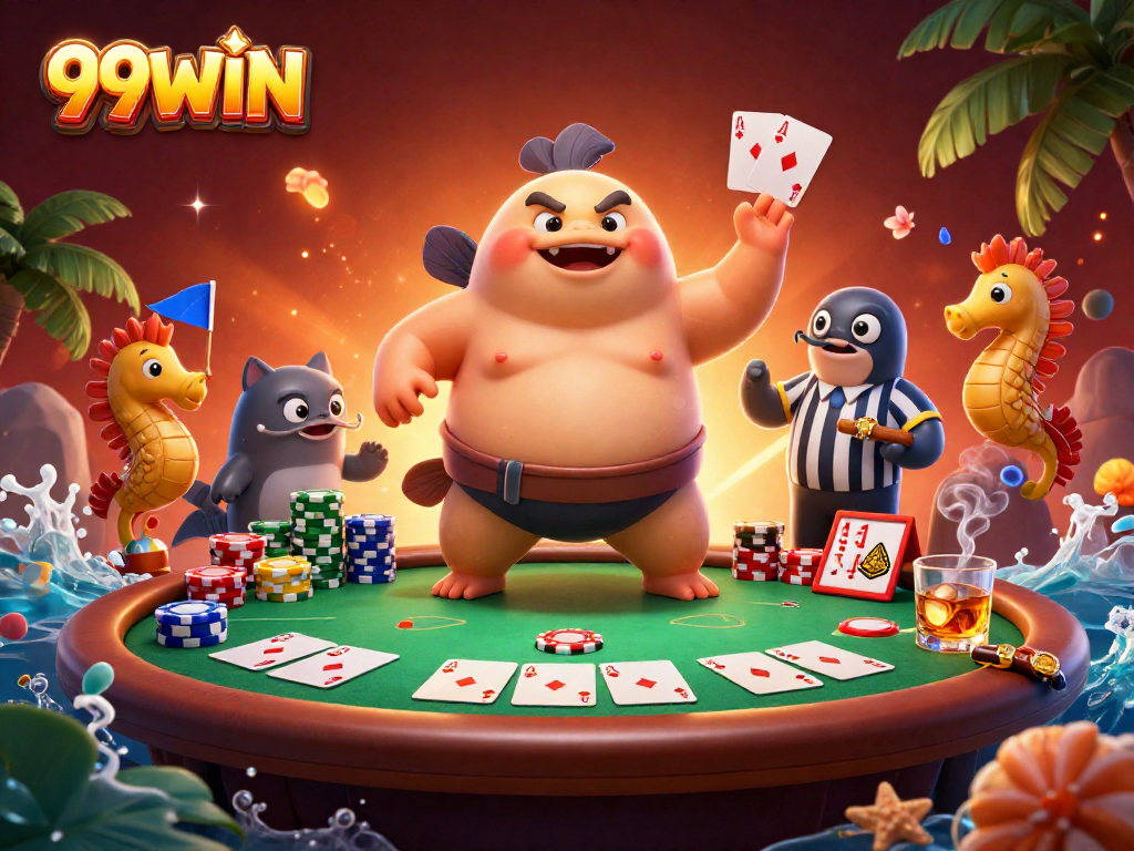 Engage with 99WIN’s thrilling poker scene featuring a fugu sumo in an underwater poker ring.
