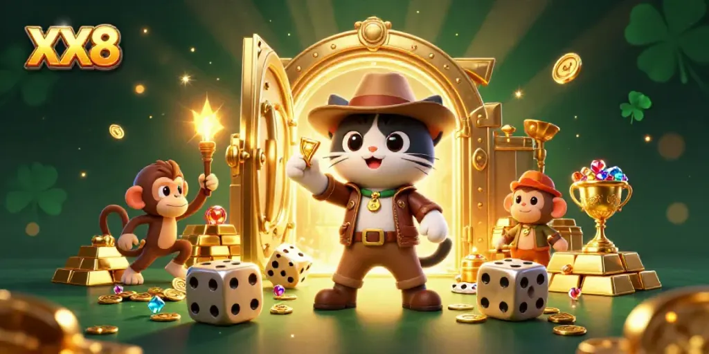 XX8 reveals a cartoon cat treasure hunter unearthing casino riches with dynamic golden effects.