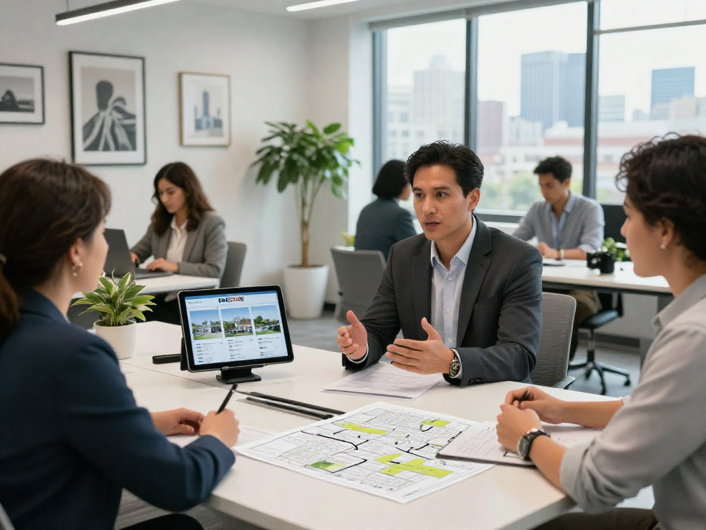 IDXSTAR real estate agent discussing listings in a modern office