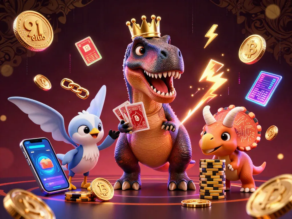 Play exciting games at 91 club featuring a friendly dinosaur dealer and crypto elements surrounding a lively casino scene.