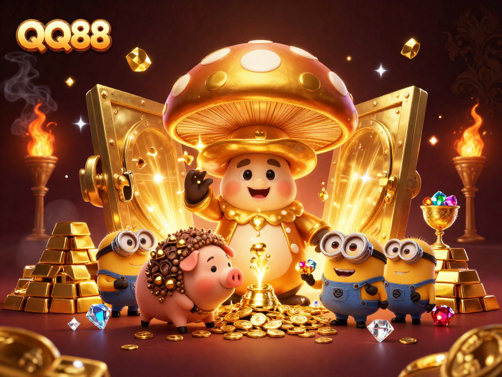 Experience QQ88's magical treasure-filled adventures in this vibrant 3D casino illustration.