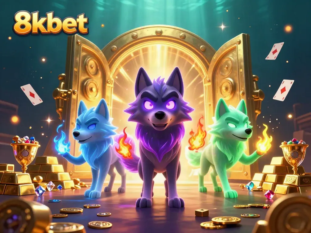 Engage in thrilling gameplay with 8xbet's captivating scene filled with glowing wolves and casino treasures.