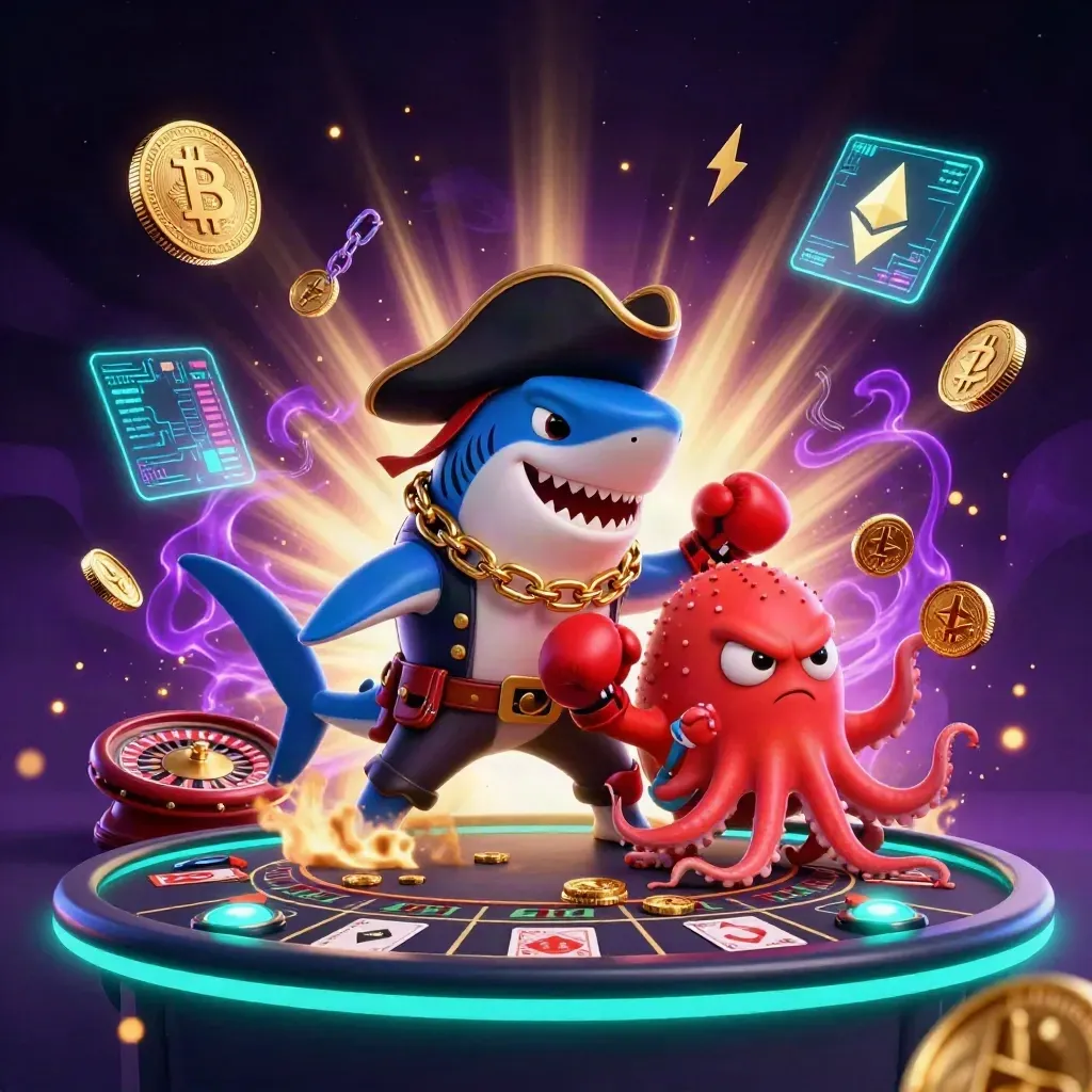 Pirate shark, boxing pufferfish and coin-juggling octopus amid neon casino magic.