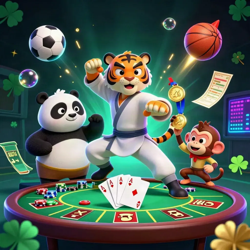 Kung-fu tiger, panda and monkey amid casino chips, cards, balls and neon glow.