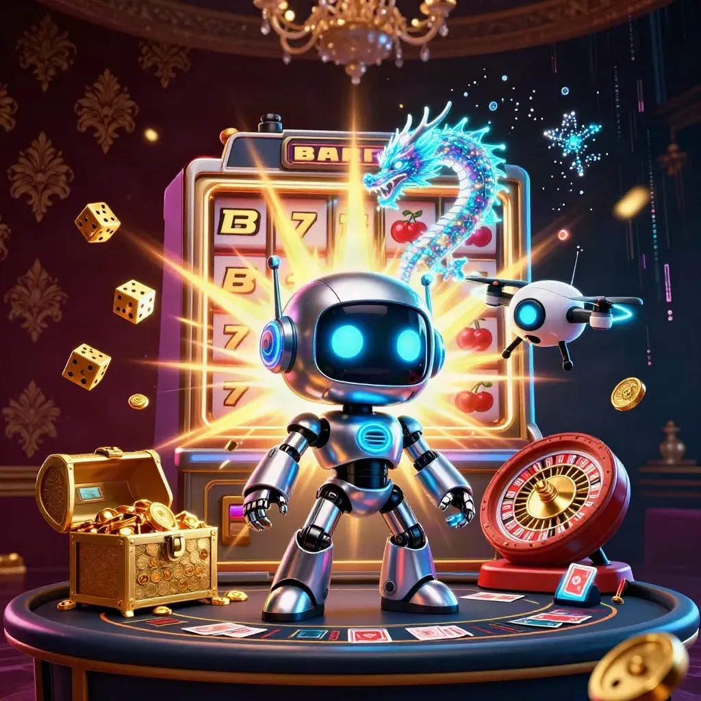 Cyberpunk robot, holographic dragon and coin drone amid casino treasure bursts and neon energy.