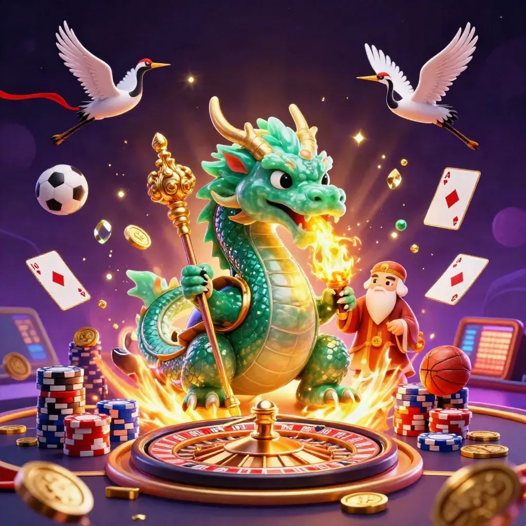 Jade dragon, turtle sage and cranes amid casino sports icons, coins and a glowing roulette wheel.