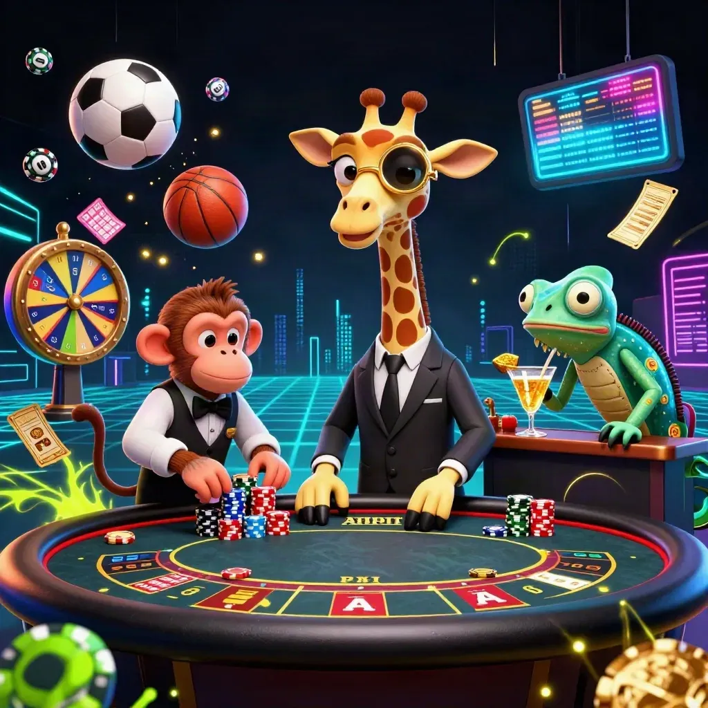 Luxury casino animals amid flying sports balls, chips, tickets, and neon energy.