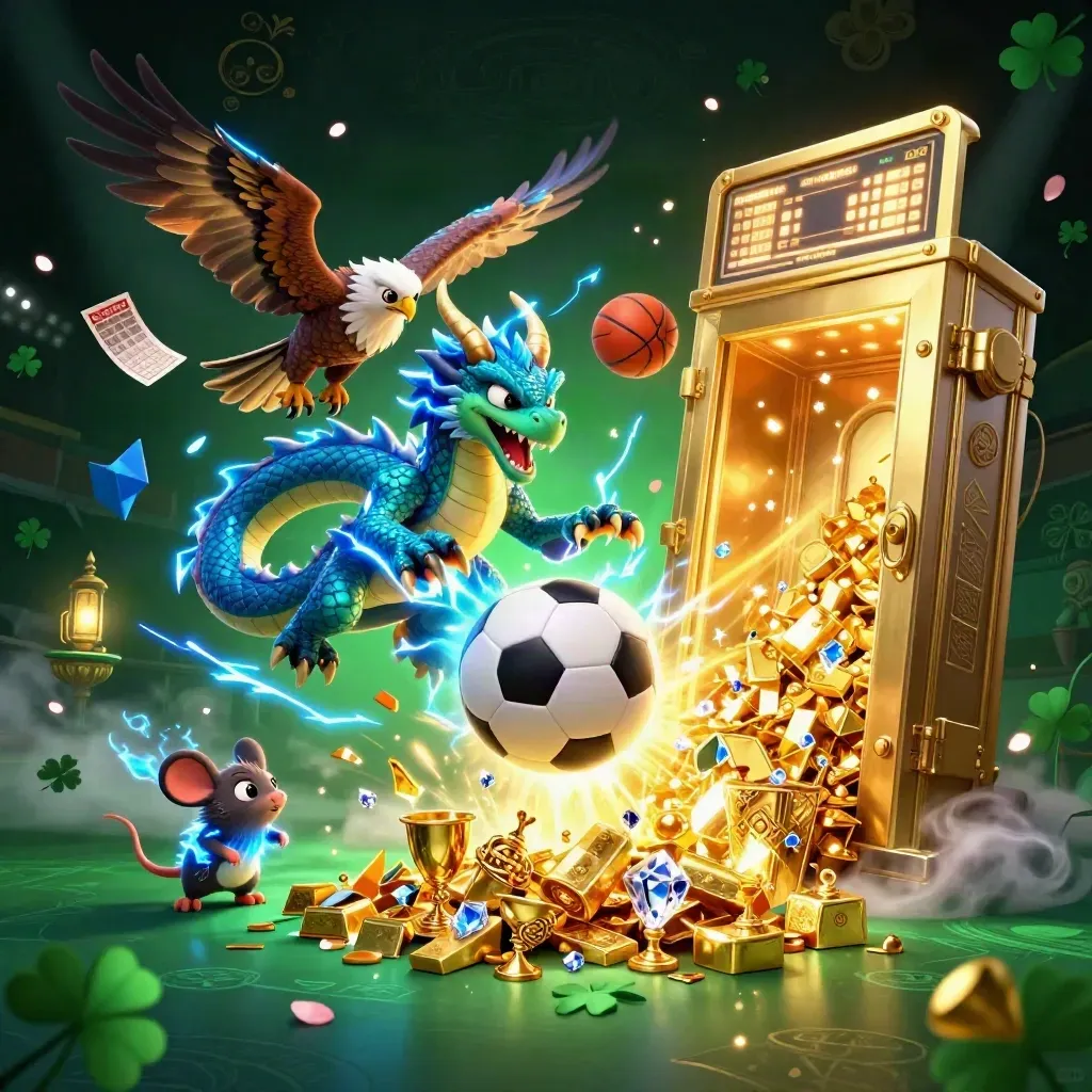 Ground-level fantasy casino sports scene with dragon, hawk, mouse, vault, gold, balls
