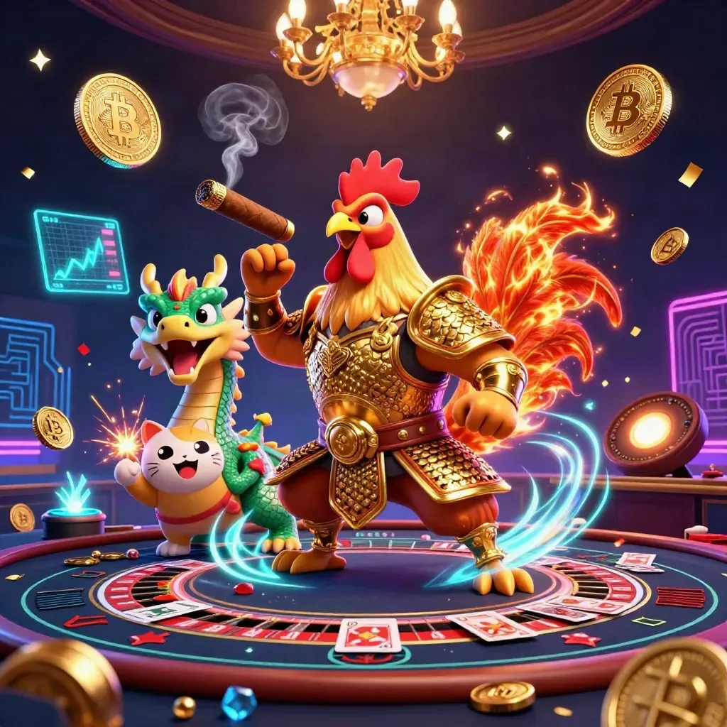 Rooster warrior, dragon hatchling and fortune cat in a neon crypto casino scene.