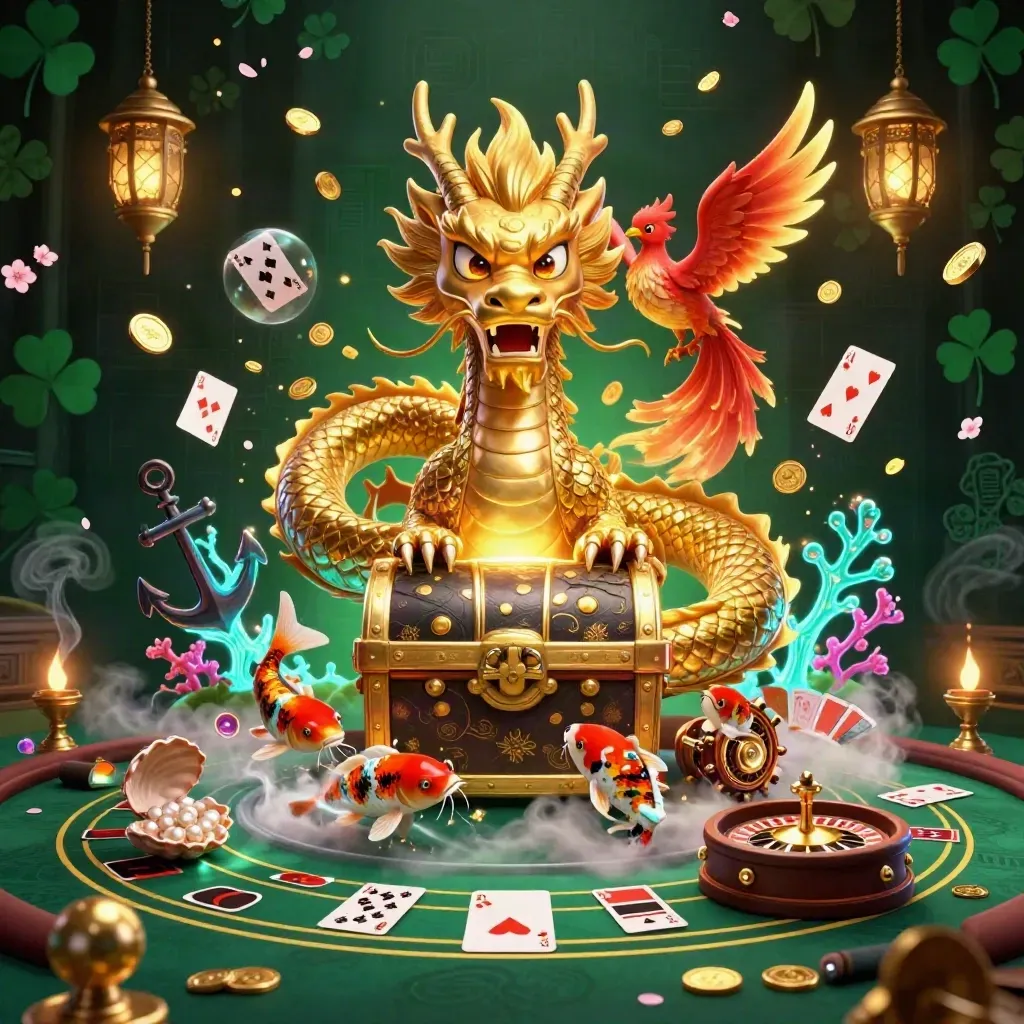 Golden dragon and phoenix over treasure in a neon casino cove with koi, coins, and a spinning roulette wheel