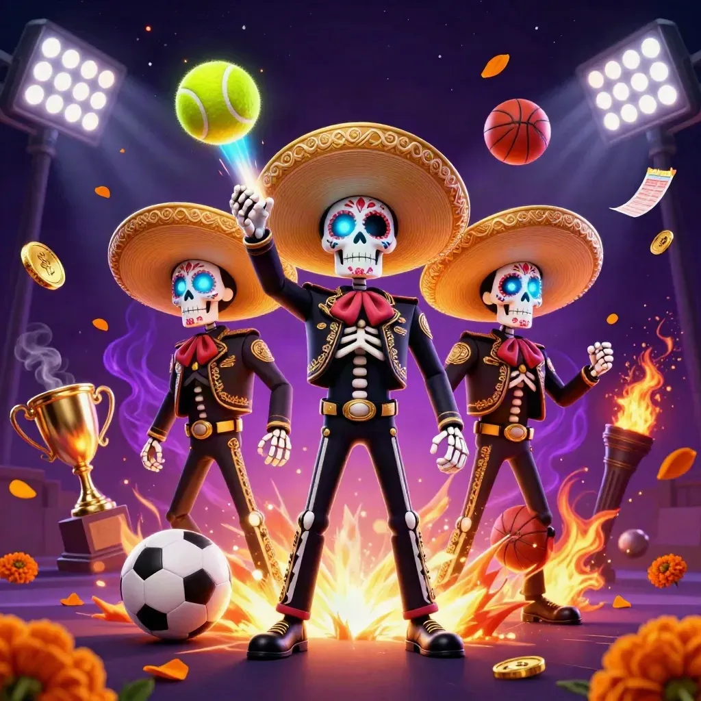 Skeleton mariachi trio with flying sports balls, coins, trophy, floodlights, neon casino energy