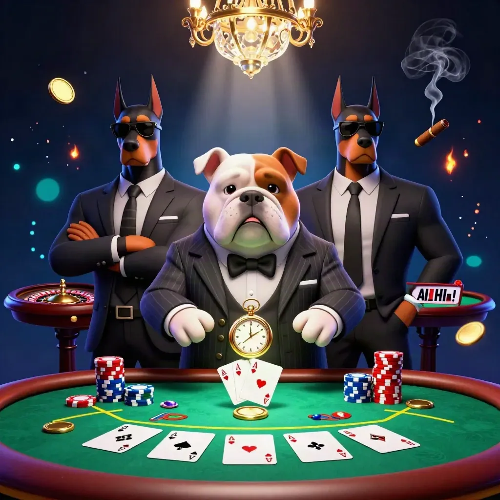 Bulldog boss and two Dobermans at a neon casino table with chips, cards, and spinning roulette