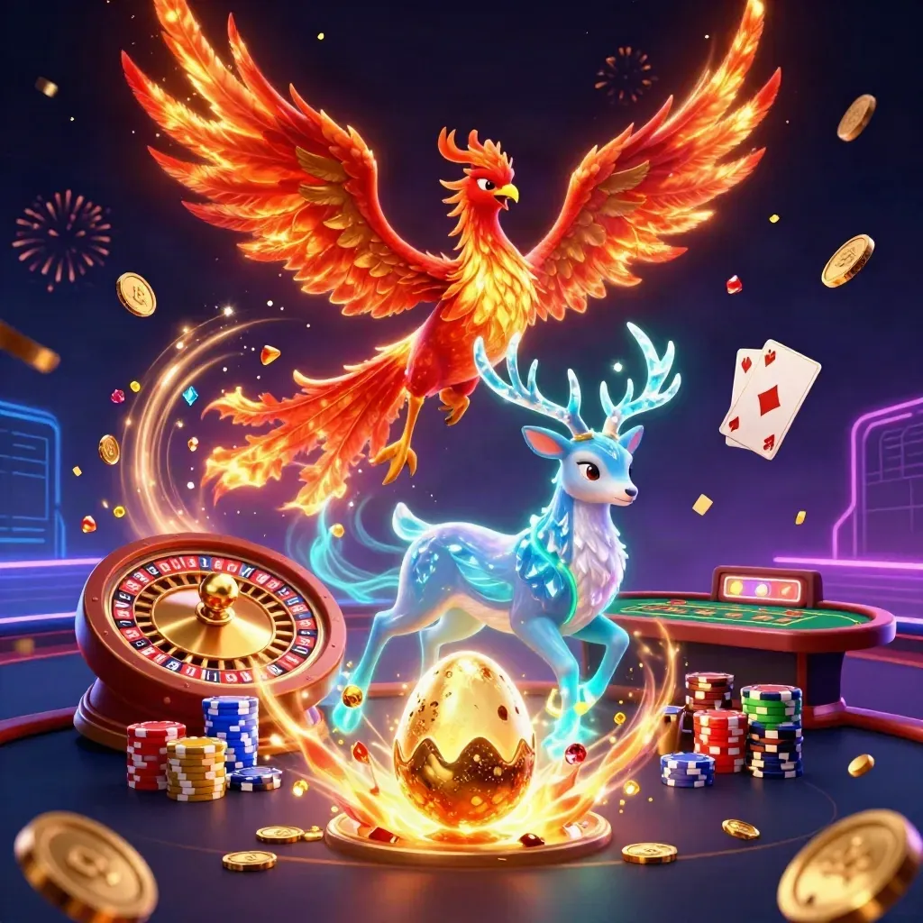 Phoenix, hatching chick, and crystal stag amid glowing casino gold and neon effects.