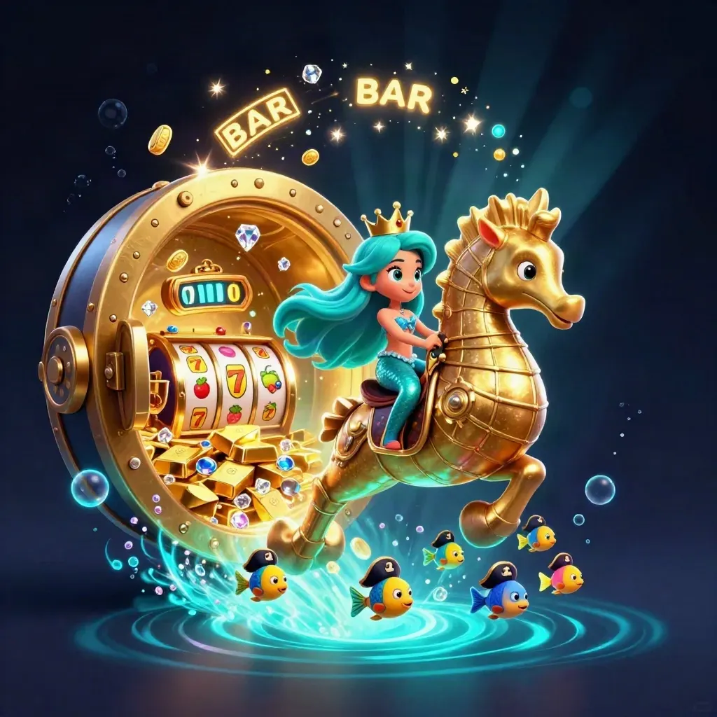 Mermaid princess on a golden seahorse amid cyan treasure magic, gold and gems bursting from a vault.