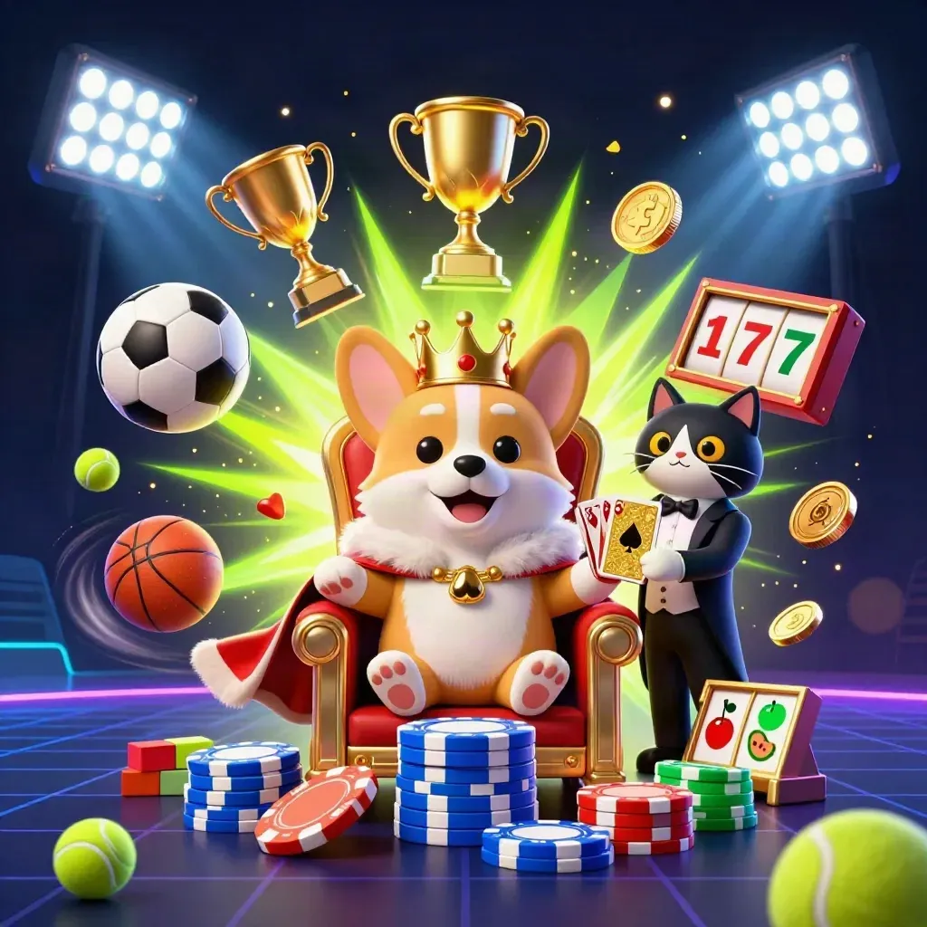 Royal corgi and cat butler burst amid neon lime casino chaos, balls, coins and trophies flying.