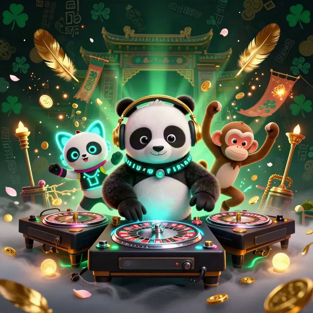 Panda DJ, breakdancing monkey and glow-stick kitten in a neon casino fantasy explosion.